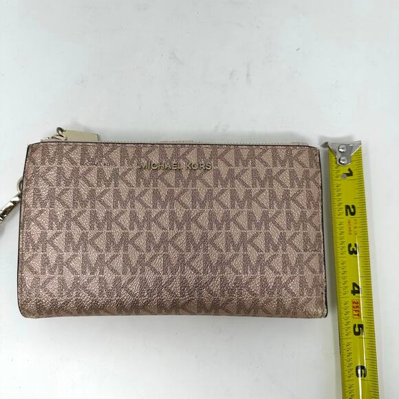 Michael Kors Jet Set Travel Double Zip Wristlet Pink Gold Bi Fold Wallet MK Logo - Picture 9 of 9